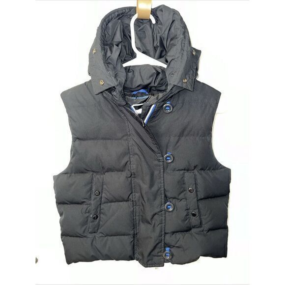 GAP Zip Up Button & Loop Black Hooded Quilted Vest‎ Jacket Women's Size Medium - Picture 1 of 8